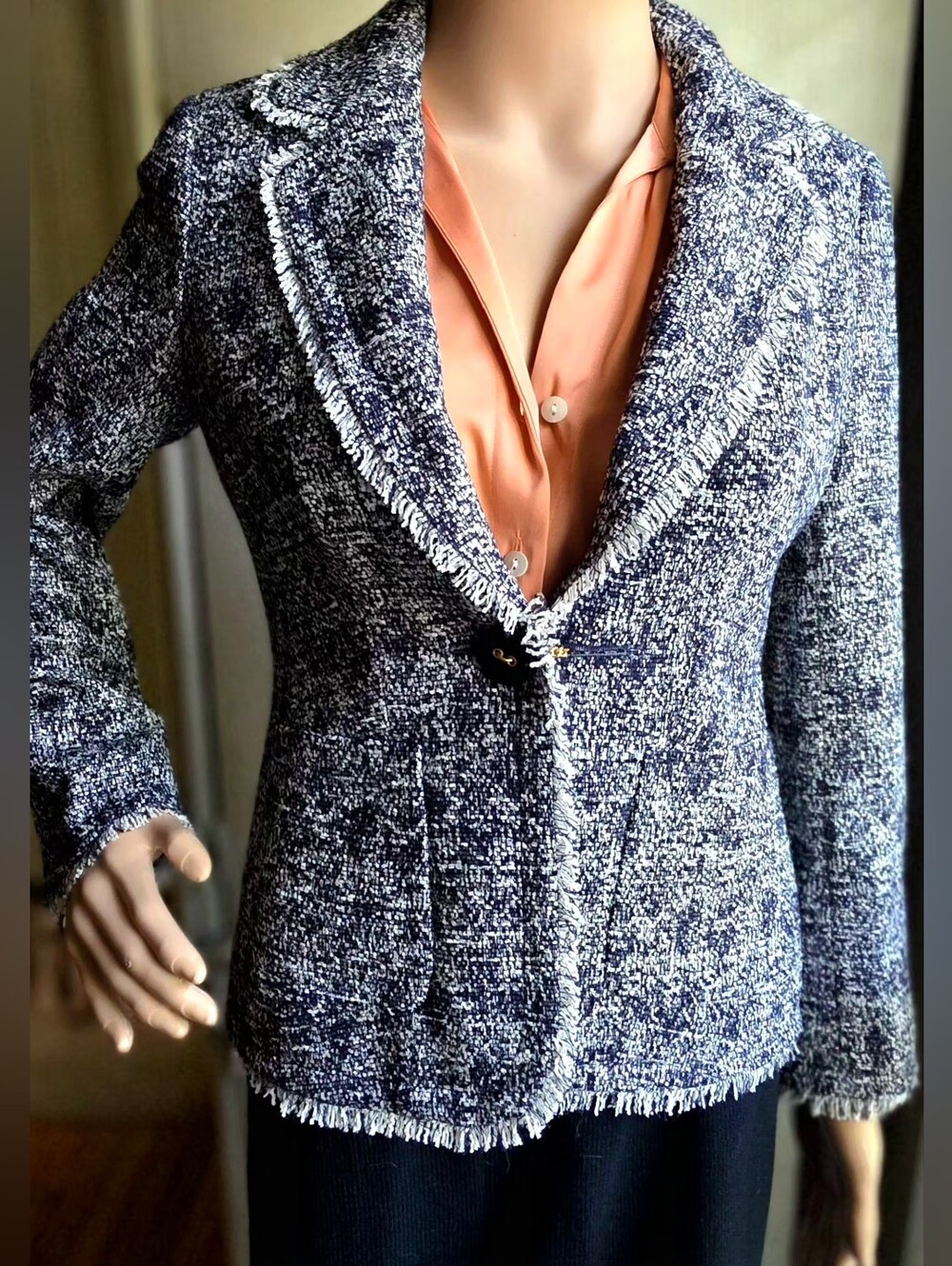 Talbots Navy and White Bouclé Fringed Blazer
